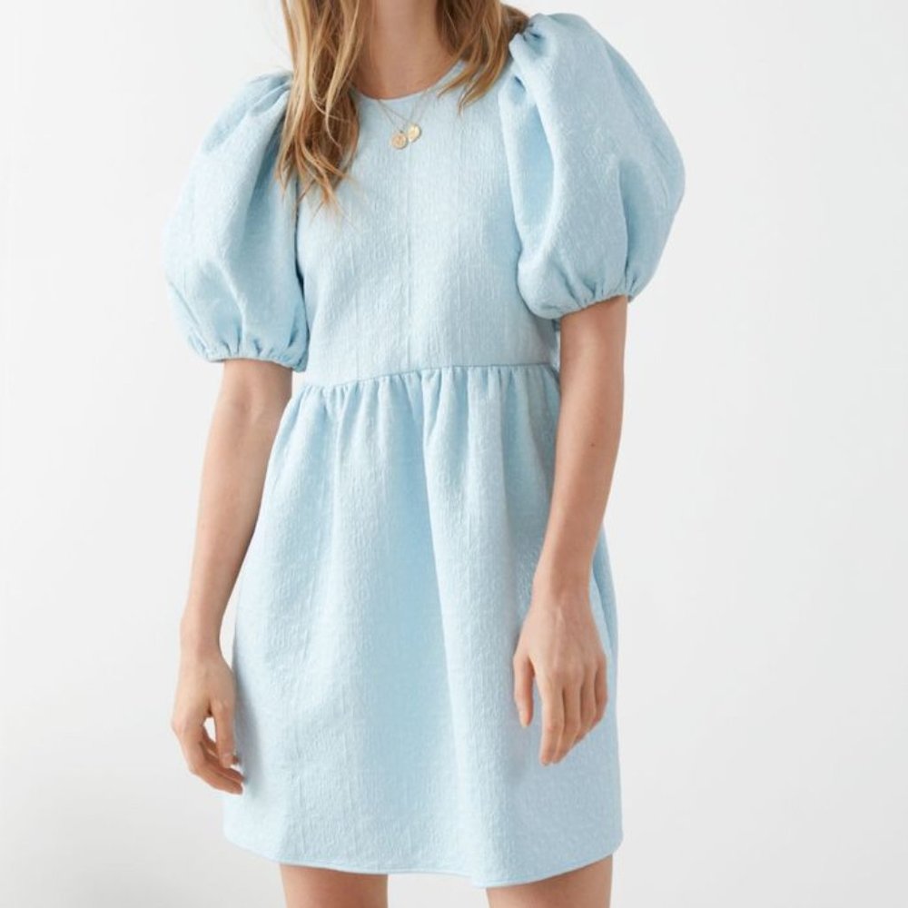 & Other Stories Jacquard Mini Gathered Dress with Puff Sleeves Size Large NWOT